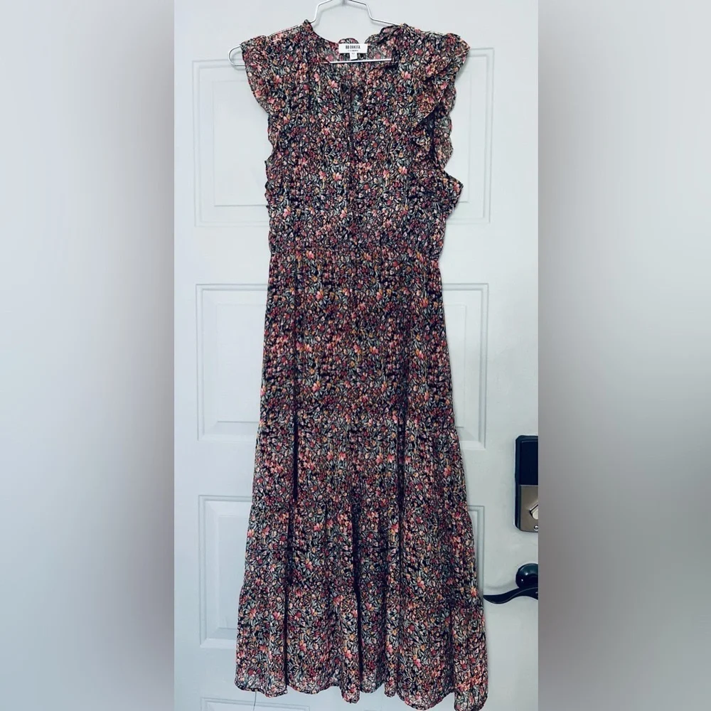BB Dakota Steve Madden Midi Dress M Black Ditsy Floral Ruffle Tiered Sleeveless